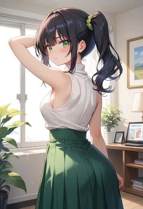 (masterpiece),(best quality), (ultra-detailed), (illustration), (an extremely delicate and beautiful), nsfw BREAK (show off armpit:1.4),(has one arm down:1.4) BREAK 1 high school girl,solo,(side ponytail:1.1),black hair,emerald green eyes,slant eyes,(middl...