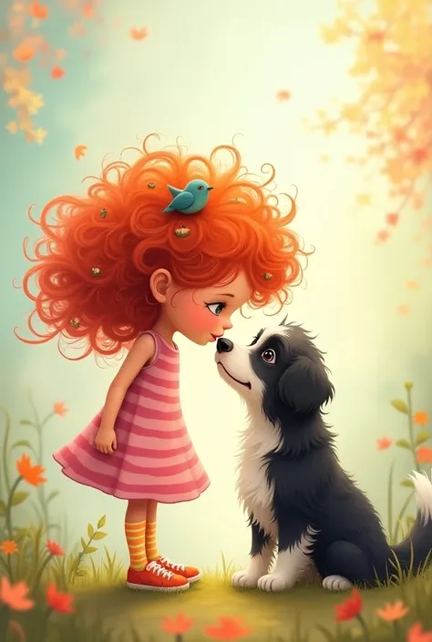 Adorable scene of a fantasy illustration in a cartoon style of a  with voluminous, red hair, tangled, giving a kiss to a long haired, black and white dog, sitting and sticking out her tongue. The girl is wearing a pink striped dress, colorful socks and ora...