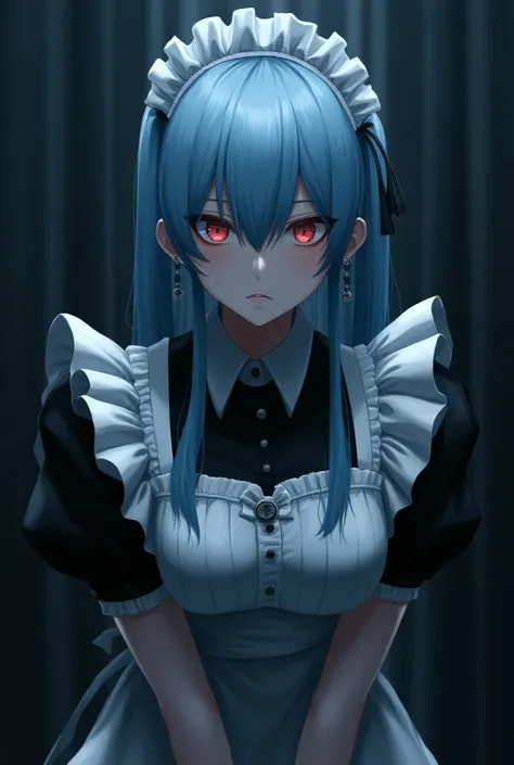 Maid Men Hela Gothic,Earrings,Long Hair, Hime cut, Blue Hair/Light blue hair, Best Quality, Bangs, Contempt的な目つき, Contempt/Angry Gaze,  stares at you/Make a displeased face/Dissatisfied, dark,anime, Sick