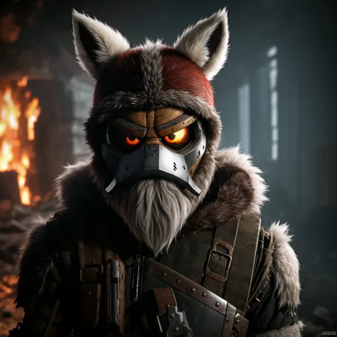 Viking, 4k A post-apocalyptic soldier wearing half the mask of the destroyed and shattered Whiteret Foxy animatronic from Five Nights at Freddy&#39;s as camouflage
