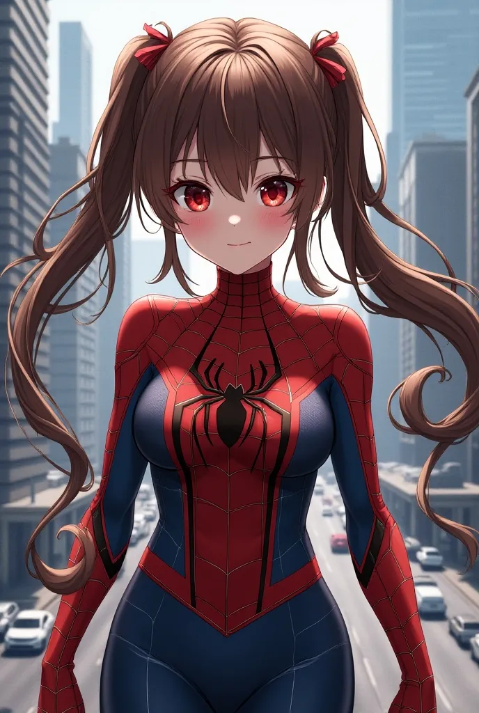 A beautiful girl in a detailed spider-themed superhero costume, with long brown hair in twin tails, striking red eyes, standing in front of a city skyline with tall buildings, roads, and vehicles, surrounded by a complex spider web pattern, (best quality, 8k, masterpiece, official art, splash art, extremely detailed, intricate details, sharp focus, 1 girl, long hair, twin tails, red eyes, brown hair, spider suit, spider web, cityscape, skyscrapers, buildings, roads, cars, street)