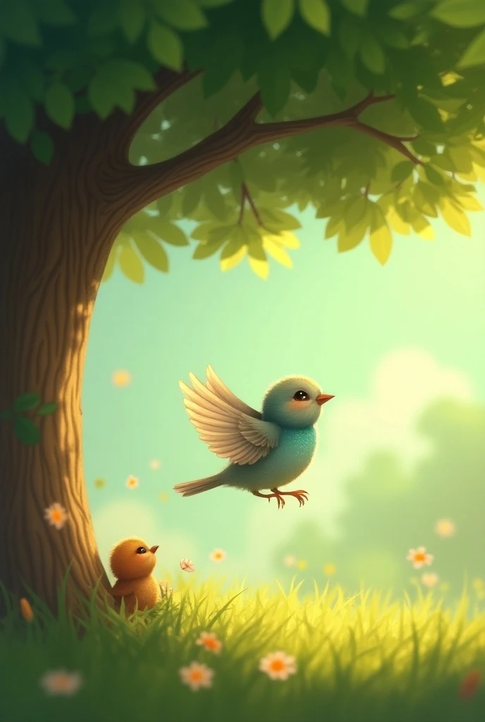 A samll cute bird   :** Tina hovering in the air, reaching her friend Mili, and helping her escape from under the tree.

 
