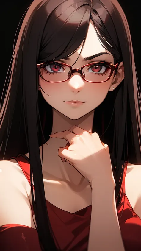 A portrait of a woman with long straight dark hair wearing glasses, a red sleeveless top, and black underwear. She is posing against a dark background with a focused and confident expression, and the lighting creates a soft glow highlighting her features.