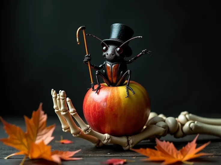 pumpkin, apple. a grotesque beetle in a  a top hat with a cane sits on apple on a skeleton hand. scattered maple, oak, birch and apple leaves. studio realistic photo in cinematic film. dark background, quality photo.