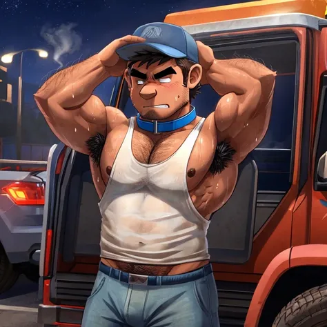 Clear outline, truck parking lot, worker, blue collar, tired face, angry eyebrows, slight smile, male, 40 years old, muscular, tanned skin, very short hair, dirty clothes, steam, heat, hot look, sweat, night, armpit hair, one arm raised, tank top, hairy