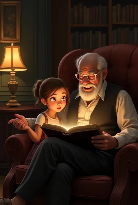 Grandfather telling a story from a book to his  granddaughter. In a drawing room evening