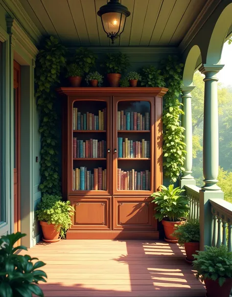 Picture of the porch ,  appears to be a bookcase with a neatly arranged book.