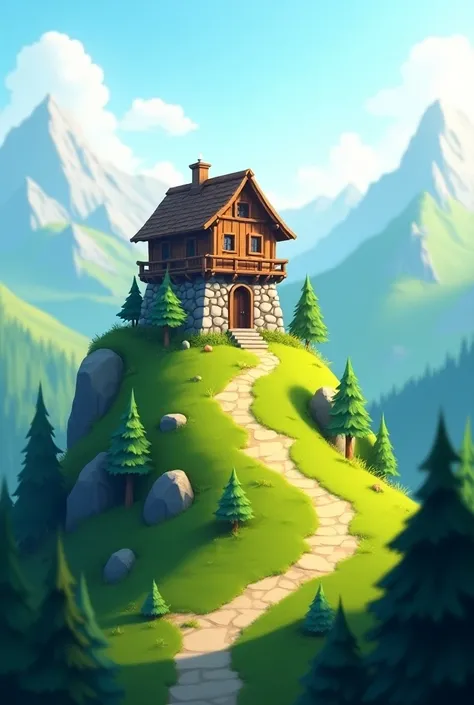 A small green mountain and mountain top house