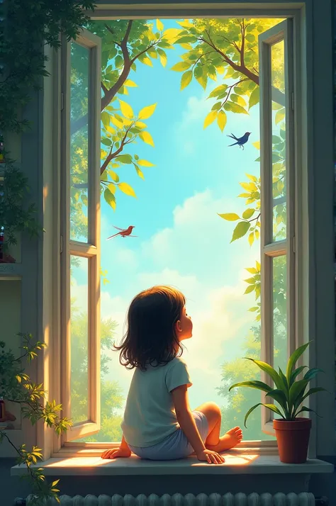 In a quiet room, a girl sits by the window, the soft notes of music filling the air. She gazes outside, captivated by the vibrant colors of nature. The leaves sway gently in the breeze, and birds flit from branch to branch, creating a peaceful backdrop tha...