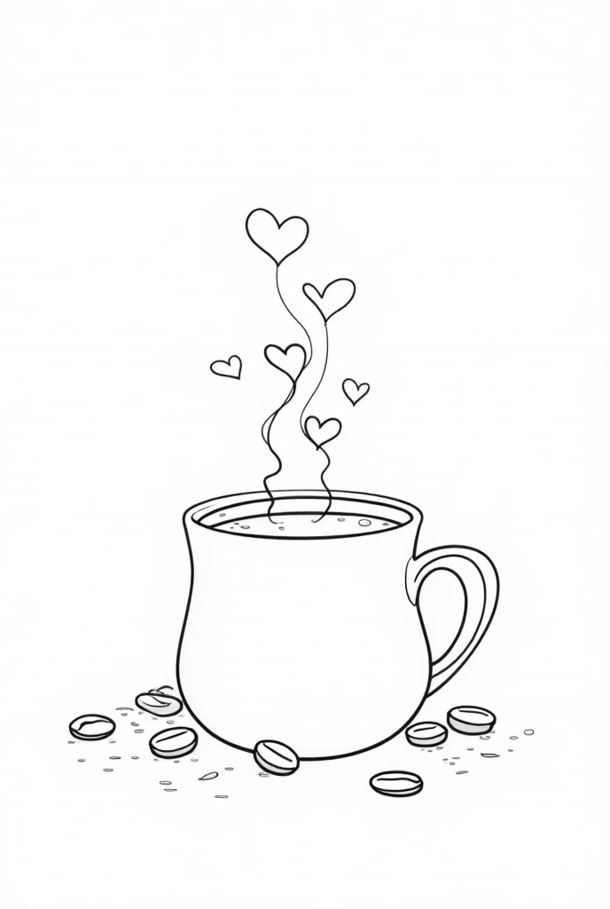 A coffee mug with steam forming heart shapes, surrounded by simple coffee beans. Create a simple black-and-white image for coloring book. The background should also be designed for enjoyable coloring with diverse patterns. Make sure the entire image should...