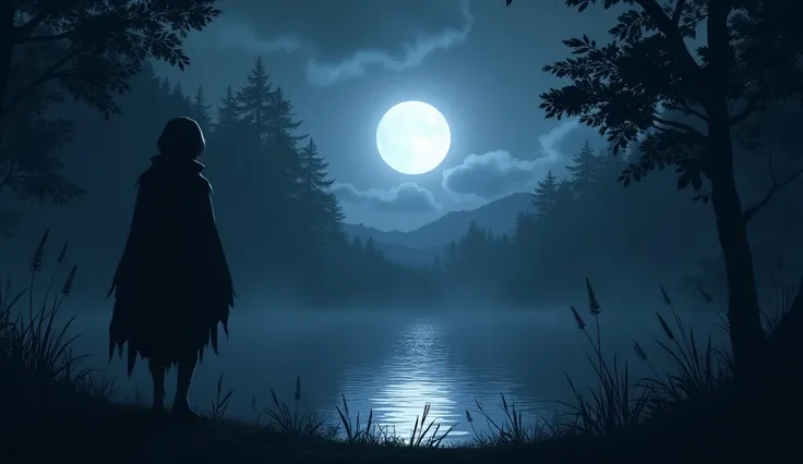 Nighttime Adventure: A dark, moonlit scene with the ren hesitantly approaching the pond, illuminated by the moonlight reflecting on the water