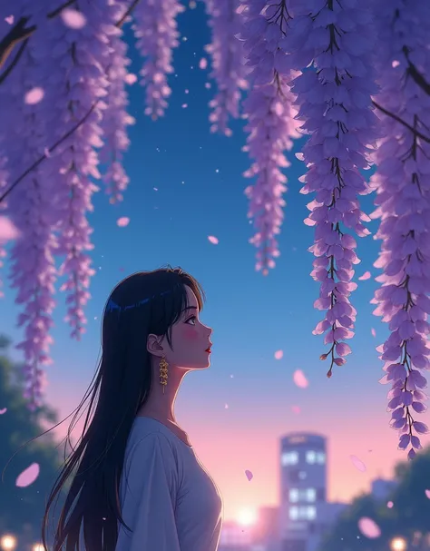 anime style, very fine illustration, high detail, dynamic foreshortening, great detail, 8k, Wisteria trees quietly shine on a spring night, illuminated by city lights. BREAK The woman stands motionless, fascinated by the beautiful scene, watching the wiste...