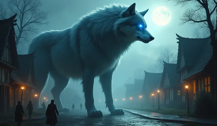  The shadow of the big wolf with sparkling eyes howling  in middle of the village