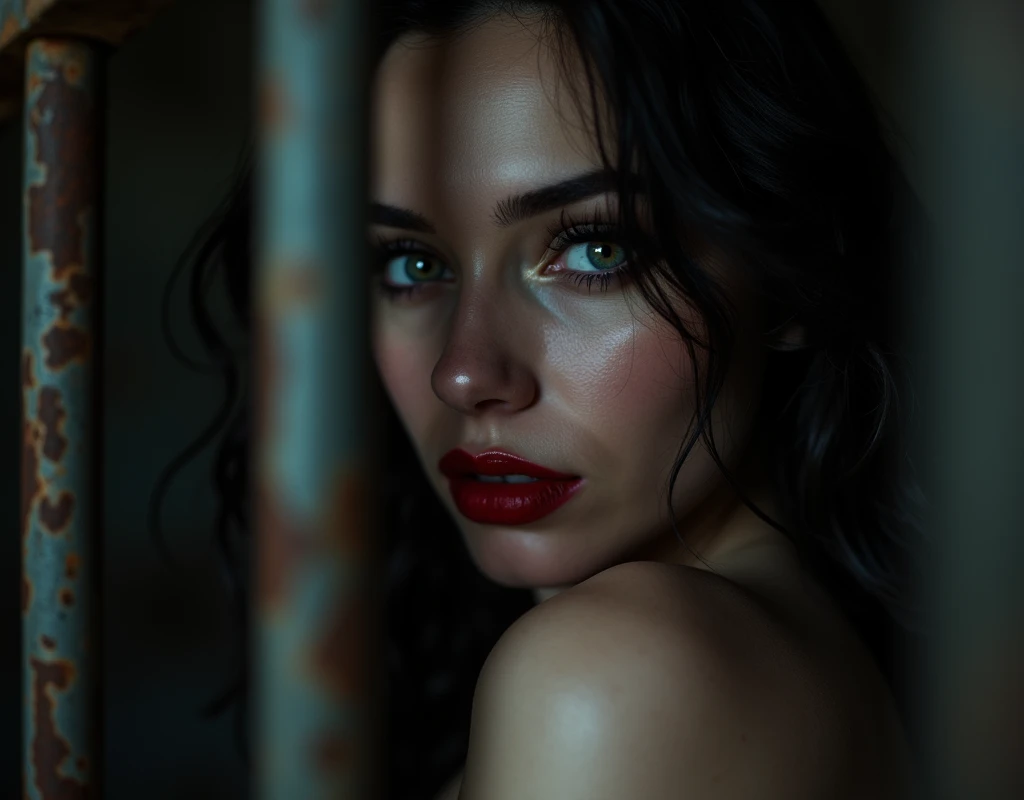 A sultry close-up shot frames the sinners face, her piercing gaze and luscious lips taunting the camera as she manipulates the guard with a wicked grin. The prison cells dim lighting accentuates her porcelain complexion, while her raven tresses cascade lik...