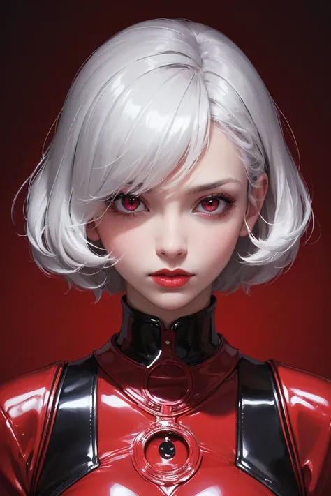 (best lighting) (best quality, masterpiece:1.2), (absurdres), portrait, alluring, ethereal, flirtatious, woman, ((very short, messy, cropped, boyish, white hair), ((red eyes)), (detailed eyes), ((glossy, shiny, red lipstick)), full lips, ((tight, latex bod...