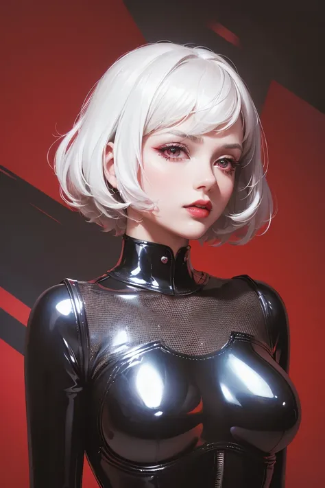 (best lighting) (best quality, masterpiece:1.2), (absurdres), portrait, alluring, ethereal, flirtatious, woman, ((very short, messy, cropped, boyish, white hair), ((red eyes)), (detailed eyes), ((glossy, shiny, red lipstick)), full lips, ((tight, latex bod...