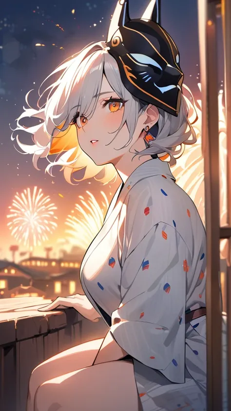 masterpiece:1.3,  anatomically correct:1.2, NFSW,  ultra-fine, High definition face:1.3,8k,2.5D,fireworks in the sky :1.3, Big fireworks, Festival Scenery :1.2, Mask on the head :1.3, Light background:1.3,  1 girl,:1.3 solo :1.3, 20 years old, cute,Looking...