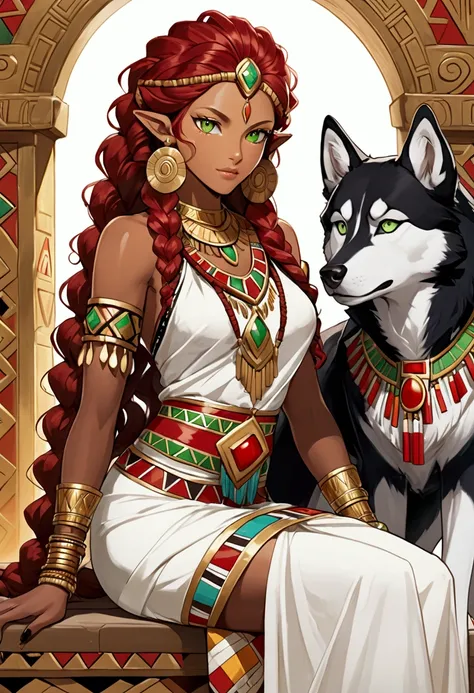 Manhwa , a man, dark skin, husky, delgado, strangely long and curly black hair , hair tied in a braid , rather tanned , green eyes, abundant eyelashes , wears Aztec tribal clothing , pointy ears , poster from the hand of a woman , slim, pale skin, red eyes...