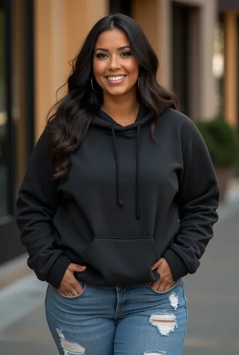 A beautiful plus size Latin woman,  standing facing the front ,,  ripped jeans , 在时尚的背景上,  puffy crew neck sweatshirt on a stylish background ,  fitted hoodie crewneck , Striped leggings. Medium camera captures .