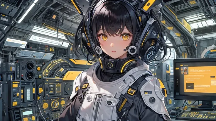 from future intelligence, technology background, complex mission, sudden mystery, unexpected result, unknown variables, strange data, confident look, space black pioneer dress, yellow eyes, black hair