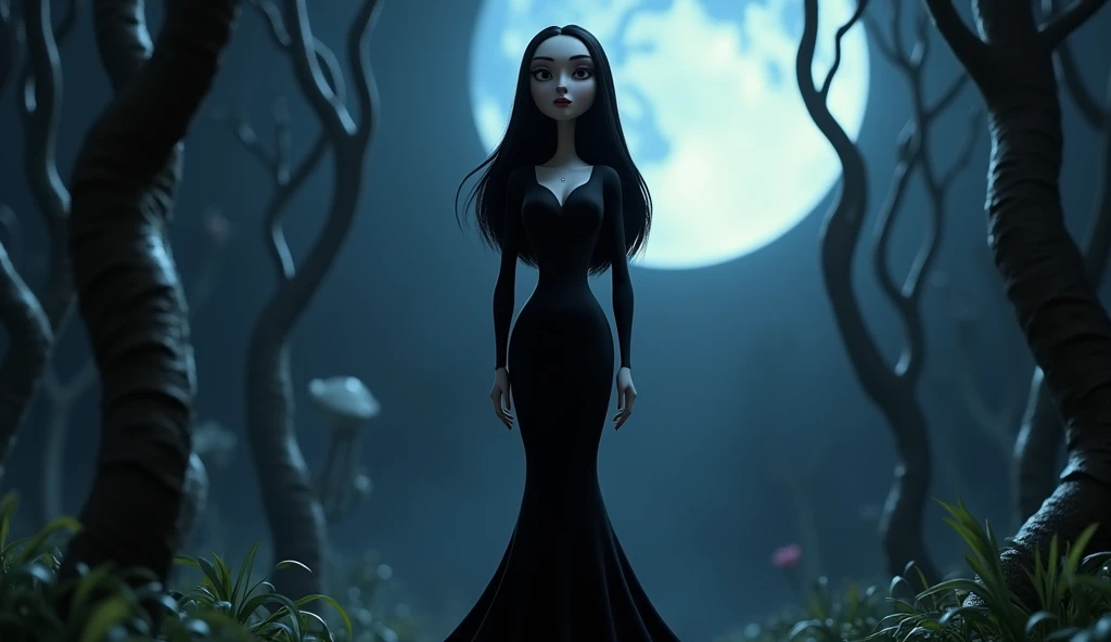 A 3D disney pixar-style rendering Morticia Addams, really tall and slender, with long, flowing black hair and a pale, smooth complexion. She wears her iconic tight-fitting body con black gown that sweeps across the floor. Her expression is calm, mysterious...