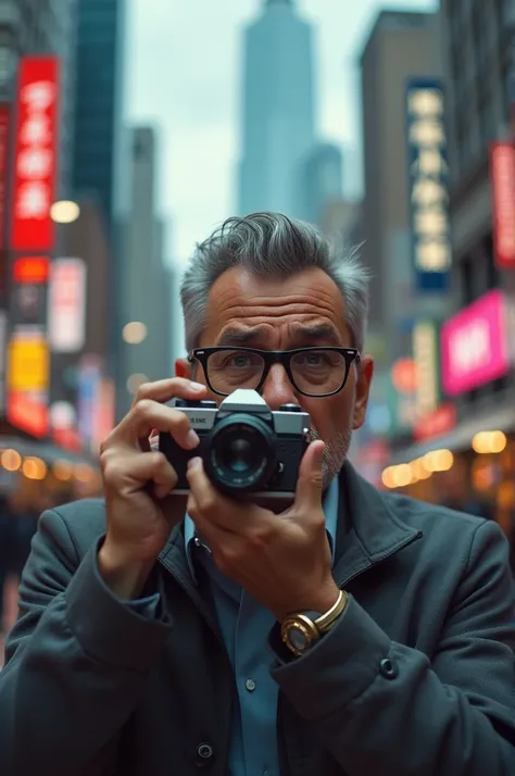 Homme à lunettes avec un appareil photo 