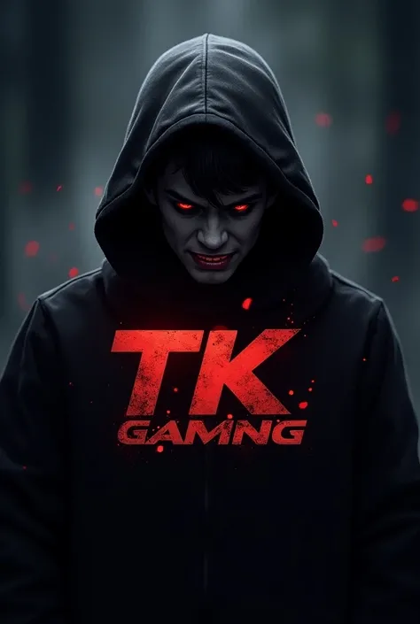 Create Gaming logo in which boy is standing in evil mode logo text is TK GAMING 