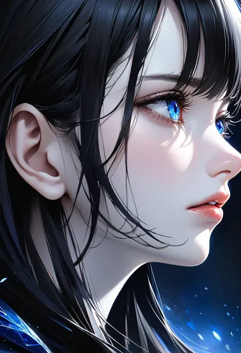 Realistic close-up drawing, the very blue gaze of an extremely beautiful woman, small nose, full lips, white skin,straight black hair, His gaze reflects anger and dull sadness, Her face is creamy and shiny, profile looking forward, dark magic background 
