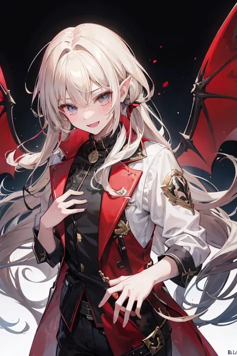 young adult, adult,  25 years old . Casual clothing, casual clothes., Light smile with vampire fangs, Blushing ears,  calm look.