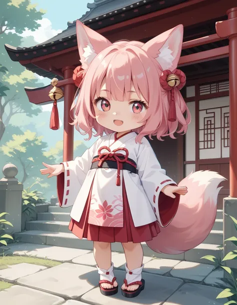 a girl with fox ears、pink hair、chibi character、 deformed、 deformedキャラ、a pink tail is growing、shrine maiden costume、full body、sta...