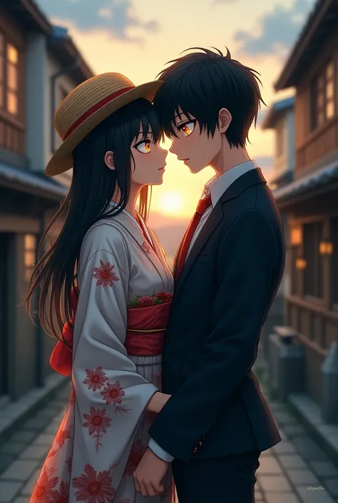 1boy and 1girl,
masterpiece, ultra detail,
tsukasa, solo, looking at viewer, wide evil sneer , black hair,  school uniform, yellow eyes,  standing, whole body, hat, kimono, village 
and a cute girl kissing each other 