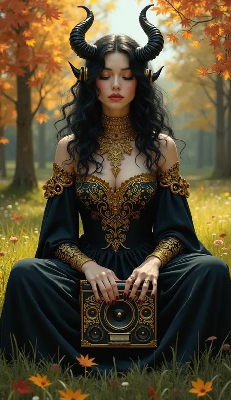 Dark painting, whimsical details. Full body view of an adult purple sorceress with horns sitting on grass, autumn scenery, curvy black hair, intricate golden embellishments. Shes holding a haunted music player and wearing festive demonic headphones. Closed...