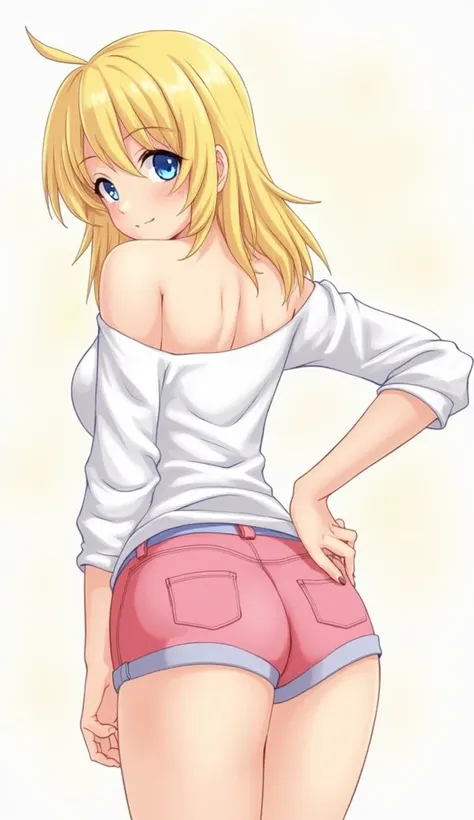 1girl, shorts, ass, solo, blonde_hair, looking_back, long_hair, blue_eyes, realistic, from_behind, looking_at_viewer, short_shorts, multicolored_hair, shirt, off_shoulder, pink_shorts, denim, back, bare_shoulders, parted_lips, denim_shorts, white_shirt, st...