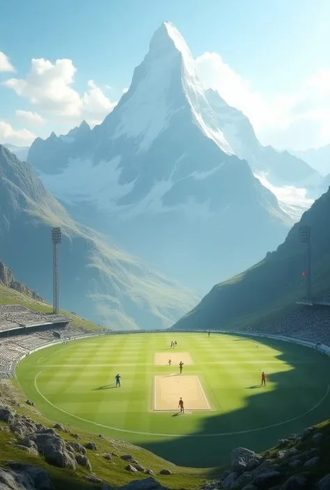 A Big Mountain Top Cricket Ground playing cricket 
