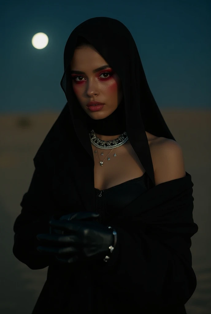 boring low quality snapchat photo circa 2015, beautiful busty 23 year old woman, latina, full body shot of her in a dark dubai desert at night, moonlight and stars, grunge aesthetic, film, kodak film, she is in a black hijab with black silk gloves and you ...