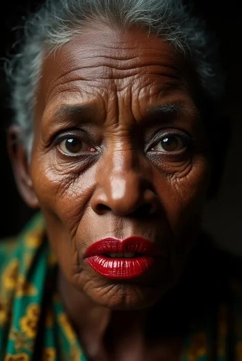 Close-up photo of a fat old woman with heavy makeup of African descent who opens her bright red lips wide and closes her eyes without showing her teeth and is surprised