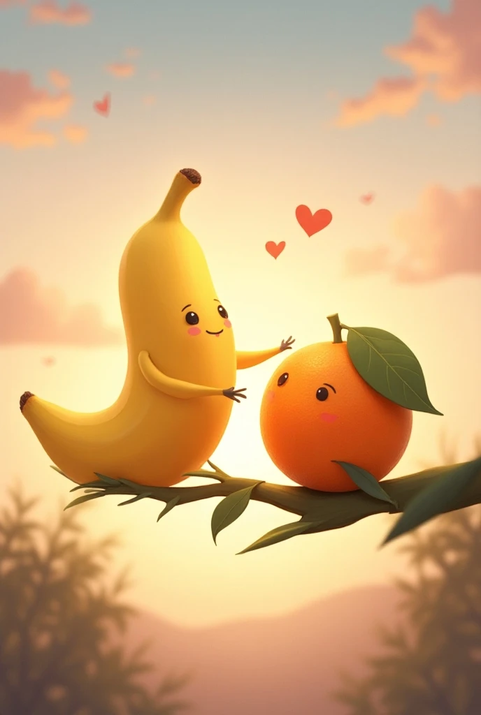 The banana and orange on a branch under a soft, pink evening sky. The banana is expressing love, and the orange is blushing shyly.