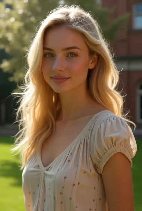 Beautiful British women、18 years old、 blond hair、The background is a university