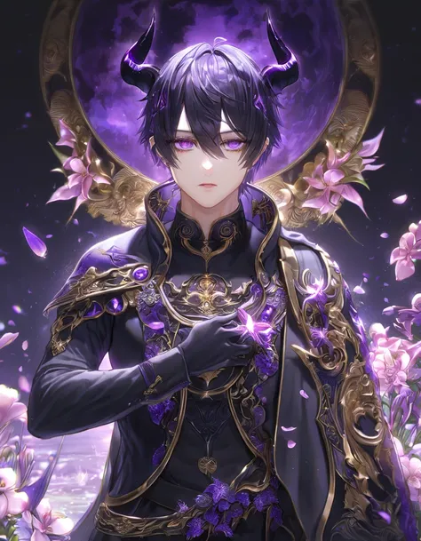 absurdres, highres, ultra detailed, HDR, master piece, Yuden, spiked black hair with bangs, hair between the eyes, expressive purple eyes, black vest, Demon Fantasy, sexy man, handsome, best quality, purple moon, flowers, fantasy, magical, solo, black coat...