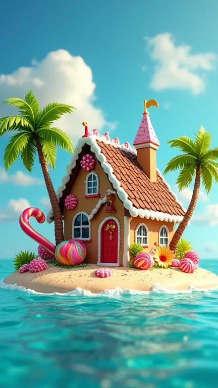 "A whimsical candy house built on a tropical island, surrounded by lush palm trees and crystal-clear waters, with colorful candy decorations like lollipops, candy canes, and gumdrops. The house itself is made of gingerbread, with icing details and a roof c...