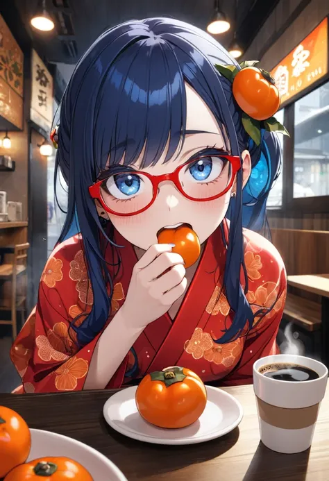 (Masterpiece, High resolution: 1.4), (8K, RAW photo, Fisheye effect: 1.3), Angle from above, Professional photography, Pointillism, Perfect anatomy, Gaze, Forward leaning, Solo person Japanese idol, (Real: 0.5), (Eating persimmons: 1.5), (Persimmon pattern...