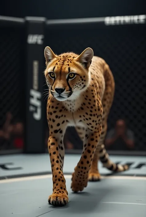 A lean and muscular cheetah with sleek fur, embodying speed and agility. He has a confident and competitive look, showcasing his powerful legs and sharp claws. The background features the UFC ring, highlighting his athleticism.
