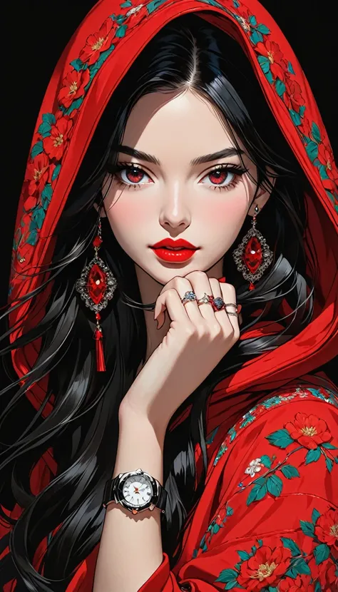 an illustration of a depiction of a girl with long hair and a hood, 1girl, solo, jewelry, hood, black background, black hair, ring, watch, long hair, red lips