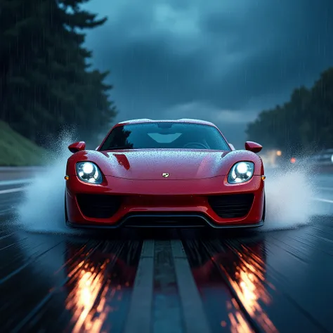 To create a prompt based on this image, you could describe it as follows:

"Generate an image of a sleek, red sports car, similar to a Porsche, driving down a rainy road at night. The sky is stormy with dark clouds, and the scene is illuminated by the cars...