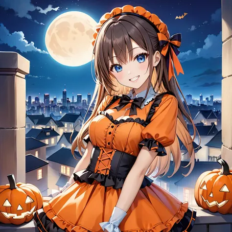 Yuuki Asuna, ((A beautiful girl is wearing a cute Halloween costume. She is staring at the camera with a mischievous smile against the backdrop of a Western-style cityscape and a full moon.))), ((Detailed face and detailed eyes)), ((Best aesthetics)), (Bla...