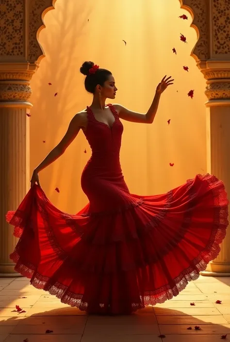 A flamenco attractive dancer in mid-movement, dressed in a traditional yet dynamic flamenco dress. The hands are anatomically well proportioned in the natural movement. The background features warm tones, like earth and gold, evoking the Andalusian landsca...