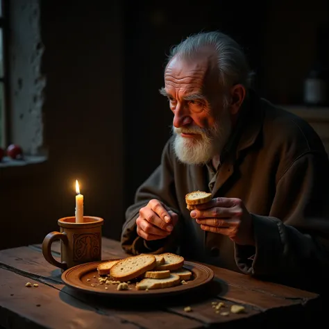 grandpa old wrinkles on his face detailed face ,  holds a small slice of bread a slice ,  a guy reaches for a slice of bread ,  ...