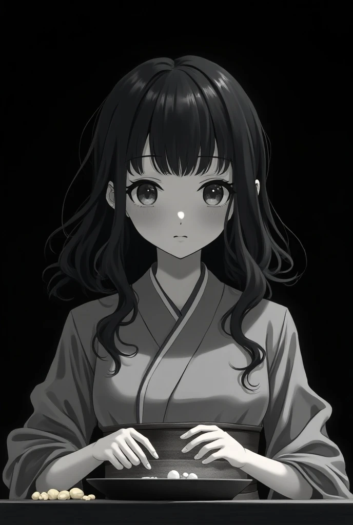 anime girl, Peli white on black , white eyes, kinomo white on black, Wide hair, cooking