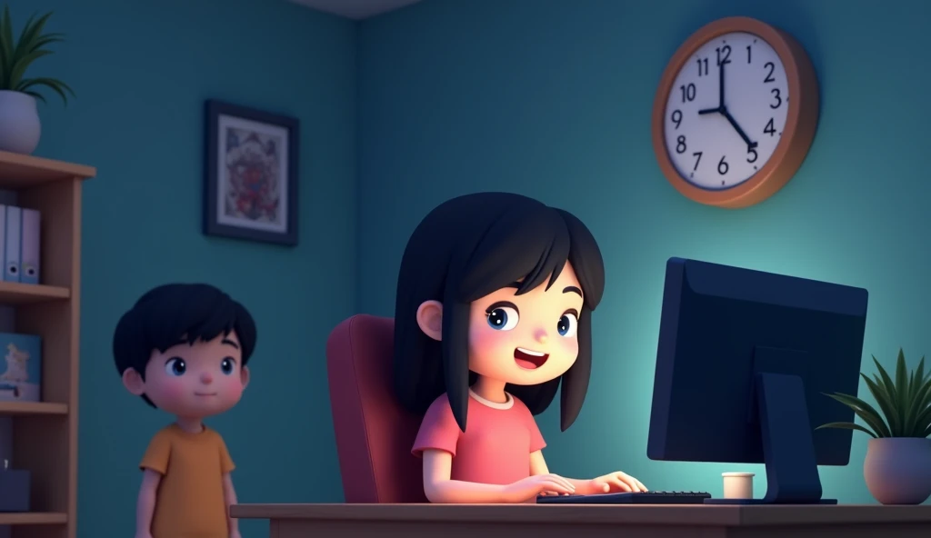 black haired mother is sitting typing on the computer at the desk, black haired boy standing behind, on the wall there is a round clock showing 12 oclock, room at night in 3D chibi cartoon style