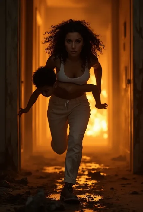 Une photo macro, hyper réaliste d’une belle femme brune et musclée qui séchappe de lincendie dune maison. Les murs sont tout noirs. Il y a de la fumée noire épaisse partout. Des flammes jaunes, oranges et rouges qui brulent tous les meubles déjà noircis. L...